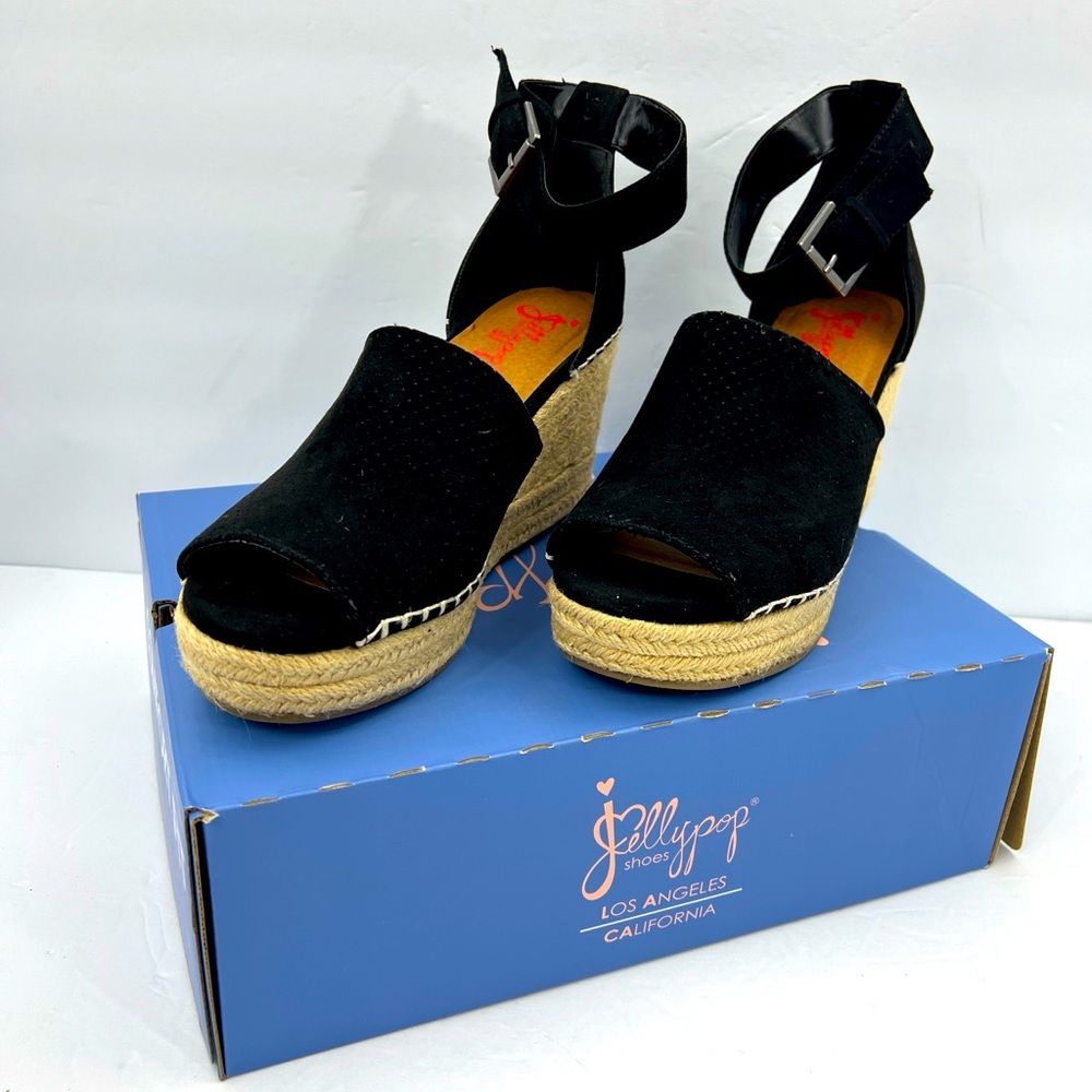 JELLYPOP, RAVISHING BLACK ESPADRILLE, PEEP TOE, WEDGES ADJUSTABLE ANKLE LOOP,10M - Picture 5 of 16